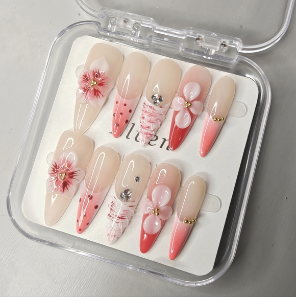 Handmade Other - Elegant Pink and Red Floral Stiletto Handmade Press On Nails Set